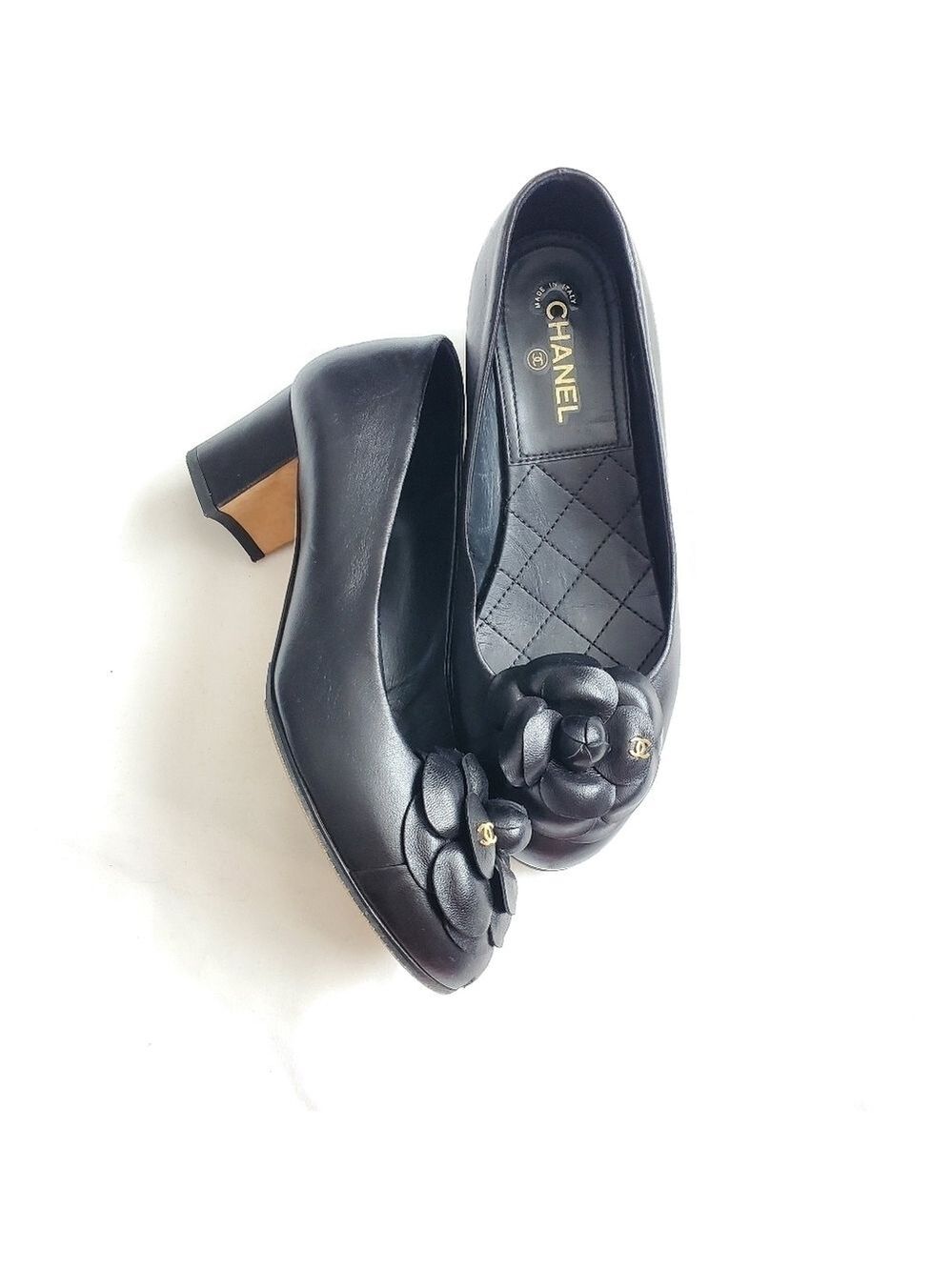 Chanel Black Lambskin Quilted Camellia CC Block Heel Pumps Size 37C